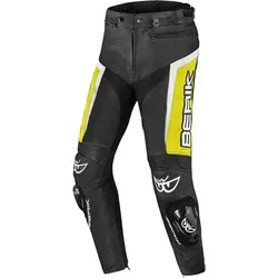 Berik Misle Motorrad Lederhose Schwarz-Weiß-Gelb, Größe 50 für Männer - Hochwertige Motorrad Lederhose aus 1.1-1.3mm Rindsleder, mit flexiblen Stretchmaterialien für optimalen Komfort und Sicherheit durch integrierte Protektoren.