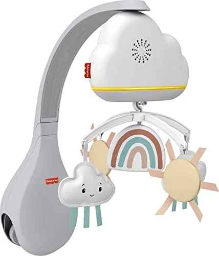 Fisher-Price HBP40 - Regenbogen-Mobile für Babybett - Baby Mobiles mit umwandelbarer Funktion: von Mobile zu Tisch-Spieluhr, inklusive 20-minütiger Melodienplaylist und sanften Lichtern für eine beruhigende Atmosphäre.