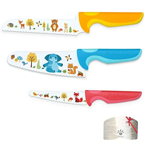 Kibbidea 4 teiliges Kindermesser Set, Sicherheit, Edelstahlklinge, Wellenschliff, Kinder Küchenmesser, Schneiden Lernen zum Schneiden von Obst oder Gemüse, Kinder Messer ab 3 jahre