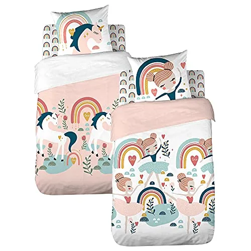 CÔTE DECO Bettwäsche für Kinder, wendbar, Einhorn und Tänzerin, Rosa, Bettbezug 140 x 200 cm + 1 Kissenbezug 63 x 63 cm, 100% Bio-Baumwolle