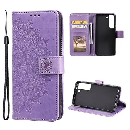 CoverKingz Handy Tasche kompatibel mit Samsung Galaxy S22 5G Handyhülle - Handycase mit Kartenfach Handyschutzhülle Cover - Smartphonehülle klappbar Motiv Mandala Lila