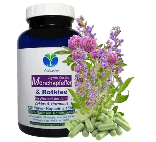 Mönchspfeffer & Rotklee 120 Kapseln - Meno Fit Hormon Balance Frauenleiden Wechseljahre Menopause - ZYKLUS & HARMONIE - NATUR pur Isoflavone, Phytohormone. KEIN EXTRAKT! OHNE ZUSATZSTOFFE 26870-120