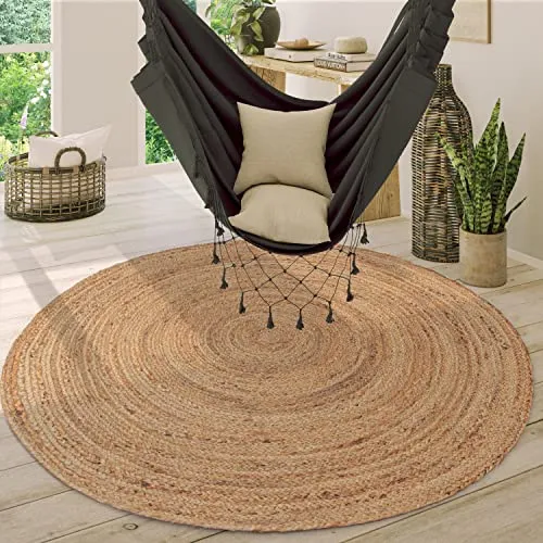 Paco Home Rundteppich 100 cm Jute Boho Ethno - Handgefertigter Naturteppich aus 100% Jute im modernen Boho- und Ethno-Design, ideal für ein gemütliches Ambiente in jedem Raum. CARE & FAIR zertifiziert, unterstützt den Kampf gegen Kinderarbeit.