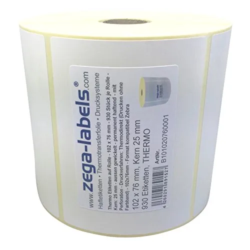 Thermo Etiketten auf Rolle - 102 x 76 mm - 930 Stück je Rolle - Kern: 25 mm - aussen gewickelt - permanent haftend - Druckverfahren: Thermodirekt (Drucken ohne Farbband)