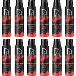 Fa Men Deodorant & Bodyspray Attraction Force (12x 150 ml) - Deospray für Männer mit verführerischem Duft, bietet bis zu 48h Schutz vor Schweiß und Körpergeruch ohne Aluminium, hautfreundlich und vegan.