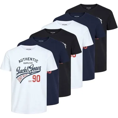 JACK AND JONES Herren T-Shirt 6er Pack - JJETHAN TEE CREW NECK mit Vintage Logo - 6er Pack Jack & Jones T-Shirts mit Rundhals und coolem Vintage Print. Aus reiner Baumwolle für hohen Tragekomfort, ideal für sportliche und lässige Outfits.