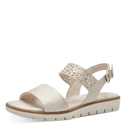 MARCO TOZZI Damen Sandalen mit Keilabsatz - Vegan, Gold (Dune Metallic), 39 EU - Damen-Ballerinas mit softiger Feel me Sohle für optimalen Tragekomfort, vegan und ideal für Alltag oder schickere Anlässe. Elegantes Design, das sich vielseitig kombinieren lässt.