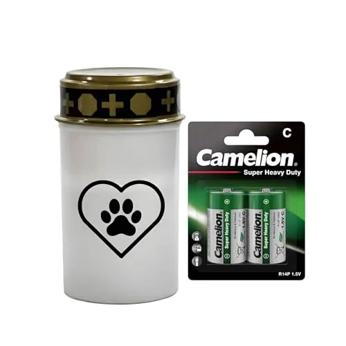 Fachhandel Plus LED Grablicht Hund mit Batterien – Grabkerze LED, wetterfeste Grableuchte Ewiges Licht mit Hundemotiv, warm flackerndes Gedenklicht für Tiergrab & Gedenkstätte (Weiß, Herzpfote)
