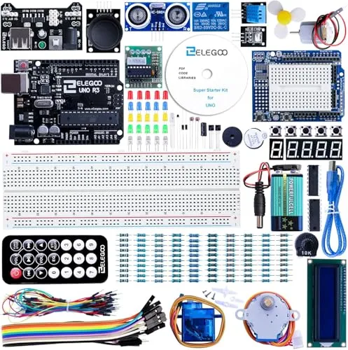 ELEGOO UNO R3 Starter Kit - Umfassendes Einsteigerset mit über 22 deutschen Tutorials, ideal für Anfänger in der Arduino-Programmierung. Enthält alles für Ihre ersten Projekte, einschließlich LCD-Modul und Servomotor.