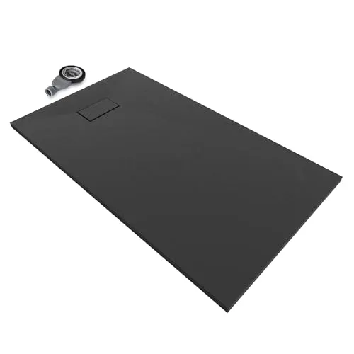 SMC BOREAL Duschwanne 140x90 cm, Extra Flache und Robuste Duschtasse 26MM Mit Anti-Rutsch-Oberfläche In Schieferoptik/Steinoptik - Schwarz, Inkl. Ablaufgarnitur Mit Deckel