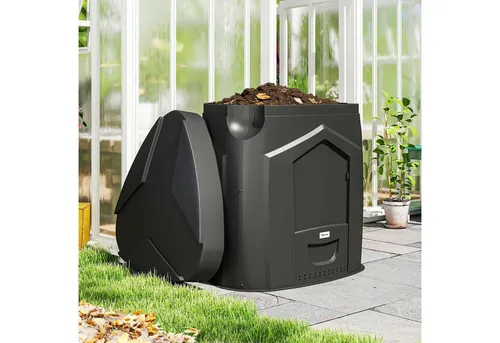 Outsunny Gartenkomposter 240L mit 3 Türen und 66 Lüftungslöchern - Geräumiger 240L Komposter mit dreieckigem Design und offenem Boden für optimale Kompostierung. Inklusive Handschuhe und Schraubendreher für eine einfache Montage und sofortigen Einsatz im Garten.