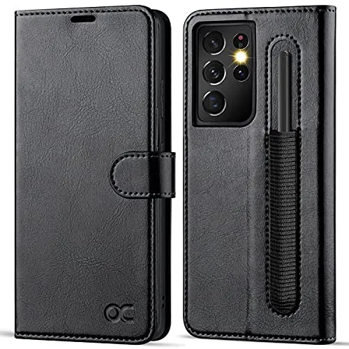 OCASE Samsung S21 Ultra Hülle mit S Pen Halter, Handyhülle[Premium PU Leder] [Kartenfach] [Standfunktion] Flip Case Cover RFID Schutzhülle Etui Klapphülle Schwarz