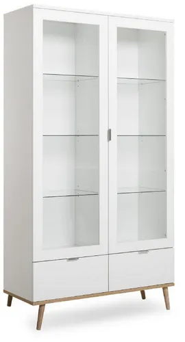 Finori Vitrine Göteborg 54 - Modernes Design in Weiß und Sonoma Eiche - Vitrinenschrank für stilvolle Präsentation, mit 6 Glasböden und 2 Schubkästen für praktischen Stauraum. Ideal für Wohnzimmer und Esszimmer, robust und pflegeleicht.