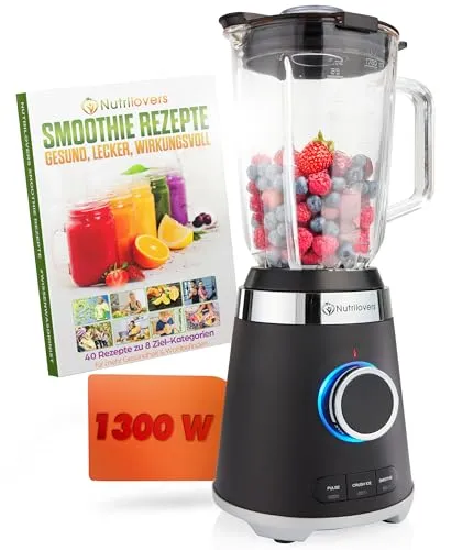 Nutrilovers NUTRI-BLENDER GLAS 1300W Standmixer - Kraftvoller NUTRI-BLENDER GLAS mit 1,75L Behälter und 3 Programmen – ideal für cremige Smoothies und Shakes. Genießen Sie frische Zutaten ohne Kunststoffkontakt!