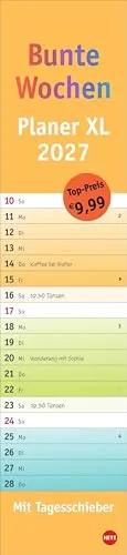 Bunte Wochen Langplaner XL 2027: Streifenkalender 2027 - praktisches Format, um nie den Überblick zu verlieren, in coolem Design. Länglicher Kalender für Büro oder zu Hause