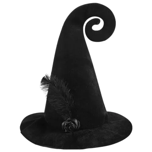 Spooktacular Creations Schwarzer lockiger Hexenhut mit Feder, Hexen-Zauberer-Hut für Frauen, Halloween-Kostüm-Zubehör, Schul-Rollenspiele, Themenpartys