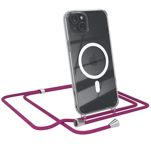 EAZY CASE - Handykette kompatibel mit iPhone 15 Plus Kette zum Umhängen Stoßfest Handyhülle für iPhone 15 Plus Silikon Hülle mit Band Handytasche Transparent als Fallschutz in Pink