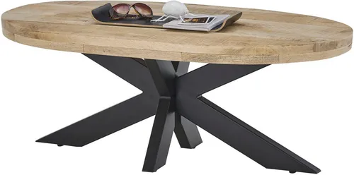 MUMBAI Couchtisch oval aus Massivholz Mango mit Metallgestell - Beistelltisch fürs Wohnzimmer, aus hochwertigem, naturbelassenem Mangoholz mit lebendiger Maserung für ein warmes Ambiente und modernes Design.