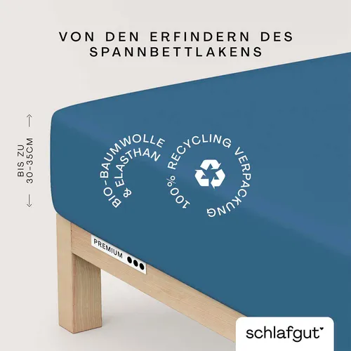 Schlafgut Spannbettlaken Premium, Mako-Zwirn-Jersey - Bettlaken aus 95% Bio-Baumwolle, ideal für Matratzen bis 30 cm Höhe. Pflegeleicht und bügelfrei, in Zero Waste Verpackung für nachhaltigen Schlaf.