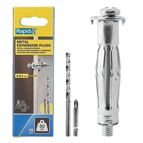 Rapid Hohlraumdübel Metall mit M6 Schraube für Gipskartonplatten 6-21 mm - Tragkraft 50 kg - Inklusive 13 xmm Bohrer und PH2-Bit - Set mit 10 Dübeln für einlagige Wände