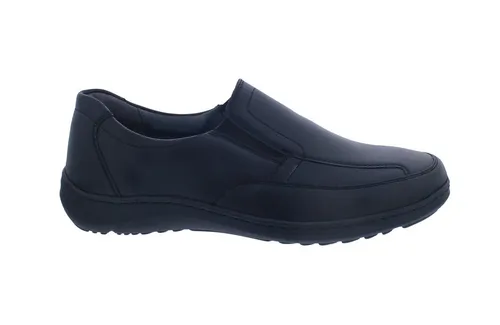 Waldläufer Herwig Slipper Schwarz für Herren, Weite H - Bequemer Herrenslipper aus hochwertigem Glattleder mit herausnehmbarer Innensohle für individuelle Einlagen. Optimaler Tragekomfort durch flexible Laufsohle und Stretch-Einsätze.
