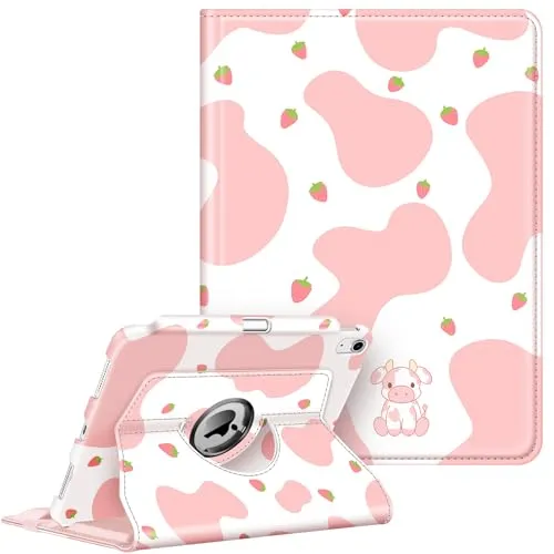 Fintie Hülle für iPad 11 Generation 11 Zoll 2025 (A16), iPad 10 Generation 10.9 Zoll 2022 mit Pencil Halter - Schutzhülle Cover mit 360 Grad drehbarem Ständer und Auto Schlaf/Wach, Strawberry Cow