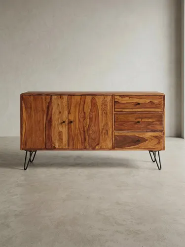 Sideboard WL5.629 aus Sheesham Massivholz - Kommode im modernen Landhaus-Stil mit 3 Schubladen und 2 Türen, bietet viel Stauraum und ist ein handgefertigtes Unikat. Perfekt für Wohnzimmer und stilvolle Einrichtung.