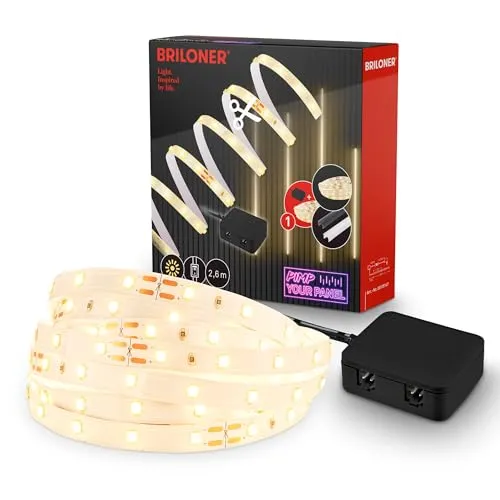 BRILONER Pimp your Panel LED Strip Starterset 2,6m - Lichtschläuche mit warmweißer Beleuchtung (3000K) und flexibler Anpassung, ideal für stimmungsvolle Akzentbeleuchtung in Akustikpaneelen.