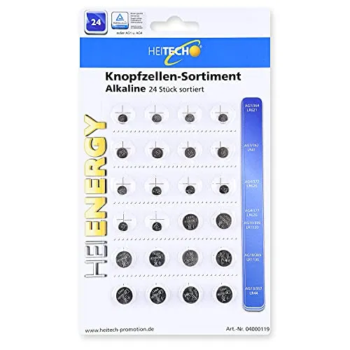 HEITECH 24er Pack Alkaline Knopfzellen Batterie - 4X AG1 / 4X AG3 / 6X AG4 / 6X AG10 / 4X AG13-1,5V Knopfbatterien auslaufsicher & mit Langer Haltbarkeit