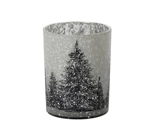 Kaemingk Teelichthalter, Teelichthalter Glas 8cm mit Tannenbaum Motiv Grau