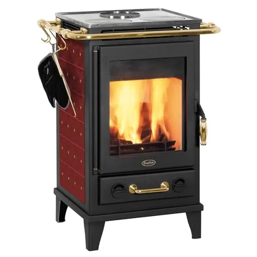 Fireplace Kaminofen Florenz Keramik - 7 kW Zeitbrand mit Kochplatten, elegantes Design in bordeaux und hohe Energieeffizienz A