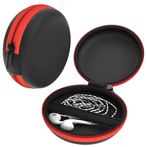 EAZY CASE Universal Tasche für In-Ear Kopfhörer mit Netzfach - Hardcase Aufbewahrungsbox, Schutztasche mit umlaufenden Reißverschluss, extra klein, rund, Rot