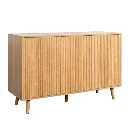 MB Muebles Bonitos, Sideboard Renzo mit gerillten Türen für modernes Wohn- und Esszimmer, Wellen-Design, Holzbeine, Melamin und PVC, Farbe Eiche Alba, 120x76x40 cm