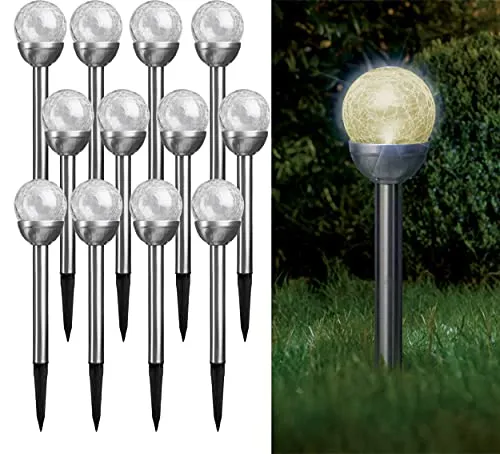 Bonetti Solarlampen für außen aus Edelstahl mit Bruchglas-Kugel, warm-weiße und bunte LED, kabellos, dekorative wetterfeste Solarleuchte für den Garten, Terrasse und Balkon (12er Set, warm-weiß)
