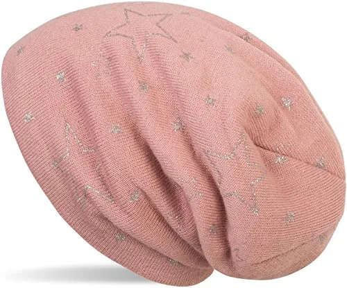 styleBREAKER warme Feinstrick Beanie Mütze mit glitzerndem Metallic Sterne Print, Fleece Innenfutter, Slouch Longbeanie, Damen 04024125, Farbe:Altrose