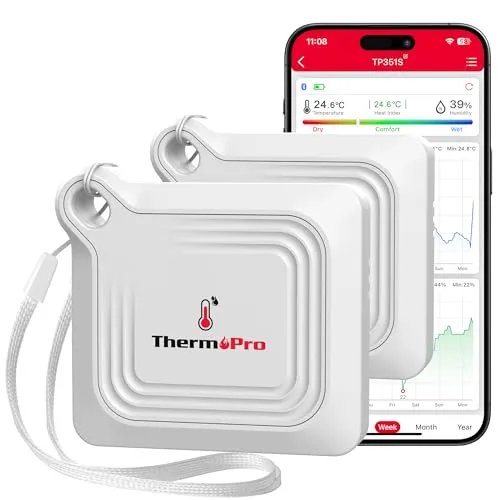 ThermoPro 80M Bluetooth Hygrometer Thermometer Innen Raumthermometer Luftfeuchtigkeitmesser Digital Zimmerthermometermit APP Datenexport & Speichern für Zuhause Weinkeller Gewächshaus Büro TP351-2