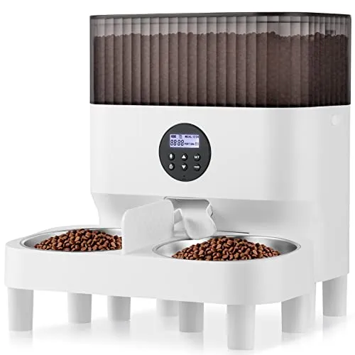 Sailvono Futterautomat Katzen & Hunde, 5L Automatischer Futterspender für Hunde mit Zwei Stahlschalen, Portionskontrolle, Sprachaufzeichnung, bis zu 4 Mahlzeiten pro Tag, Weiß