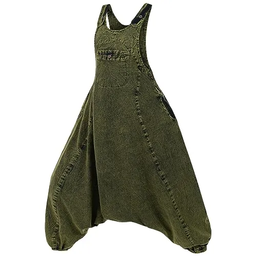 Kunst und Magie Damen Latzhose Hippie Haremshose Goa Hose Boho 70er Jumpsuit Overall Stonewashed Catsuit, Größe:XXL, Farbe:Army Green