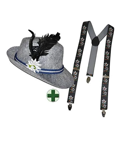 Karneval-Klamotten Oktoberfest Hut Bayern Tirolerhut Seppelhut Herren Edelweiß aus Filz INKL Hosenträger schwarz Edelweiß Oktoberfest Karneval
