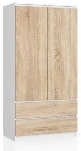 BDW Kleiderschränk 2 Türen, 4 Einlegeböden, Kleiderständer, 2 Schubladen, Garderobenständer, Schubladenschrank, Garderobenschrank für Schlafzimmer, Wohnräume, 180x90x51cm, (Weiß/Eiche Sonoma)