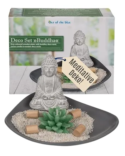 Out of The Blue Dekoteller Holz grau - Maße ca. 20 × 16 cm - Deko-Set mit Buddha, Kaktuskerze & Sand - Zen Tischdeko - Geschenkfertig verpackt