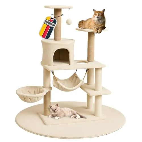 Kratzbaum Holz Weiß 37x58x135cm - Moderner Katzenturm für Wohnungskatzen - Aktivitätskratzbaum mit Ruhehöhle, 2 Hängematten und robusten Sisalstämmen. Perfekt für Spiel, Rückzug und Wohlbefinden Ihrer Katze - stilvoll und platzsparend!