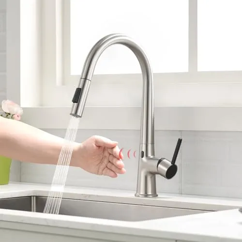 AIMADI Sensor Wasserhahn Küche Ausziehbar Automatisch Küchenarmatur Berührungslos, 360° Drehgelenk, 2 Sprühmodi Armatur Küche Spültischarmatur Flexibel & Modern Gebürstete Nickel