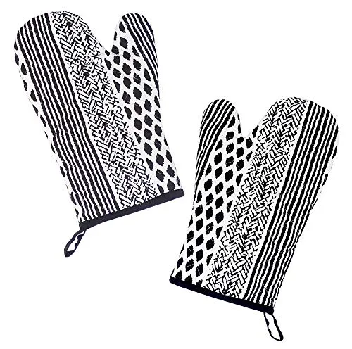 Lashuma Kochhandschuh Paar Schwarz Weiß, 2X Topfhandschuhe Baumwolle 30x20 cm, Geometric Muster