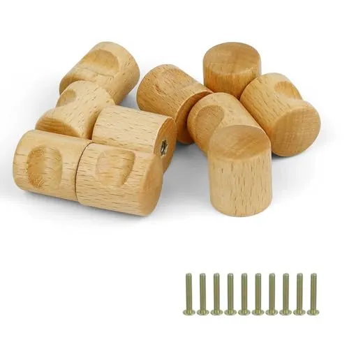 HJIAMA 10 Stück Schrankgriffe Holz, 24mm Möbelknöpfe Holz, Natürliche Buche Knöpfe für Schränke mit Schrauben, für Schränke, Schubladen, Vitrinen