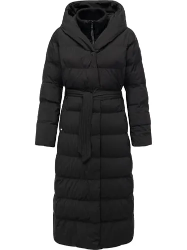 Ragwear Damen Langer Wintermantel Niani Long Black Gr. L - Stylischer langer Steppmantel mit praktischer Kapuze und Bindegürtel. Der wasserabweisende Stoff sorgt für Komfort bei kaltem Wetter, während der gerade Schnitt und elastische Ärmelenden perfekten Schutz bieten.
