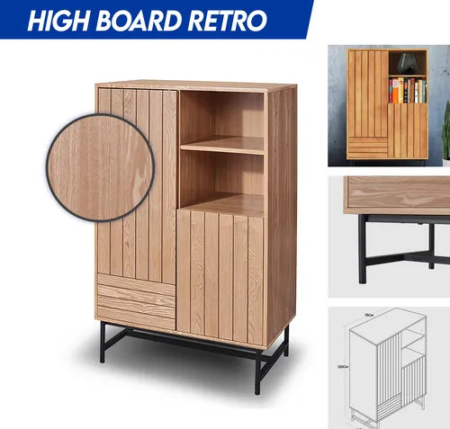 Highboard Kommode Aufbewahrungsschrank Eiche Schwarz - Elegantes Highboard für Schlafzimmer, Wohnzimmer oder Flur. Bietet vielfältige Stauraummöglichkeiten und passt zu jedem Einrichtungsstil. Mit stabilen Metallbeinen und hochwertiger Holzfront ist es sowohl modern als auch klassisch.