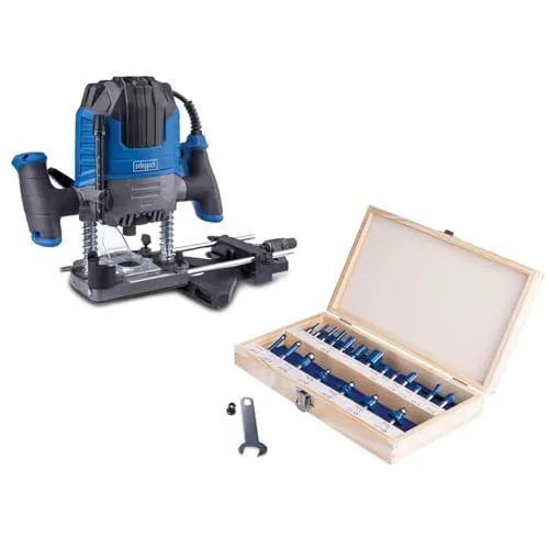 Scheppach Oberfräse WRT1200 inkl. 20-tlg Fräserset - Fräsen: Leistungsstarker 1200-Watt-Motor mit variabler Drehzahlregelung für präzise Fräsarbeiten und integrierte Staubabsaugung für einen sauberen Arbeitsplatz.