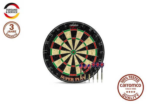 CARROMCO DARTBOARD SUPERPLAY Sisal Bristle Board mit 2 Satz Steeldarts - Sisal Dartscheibe für Steeldart, langlebig und selbstheilend, ideal für Profis und Hobbyspieler. Perfekt für Wettkämpfe und Freizeit.