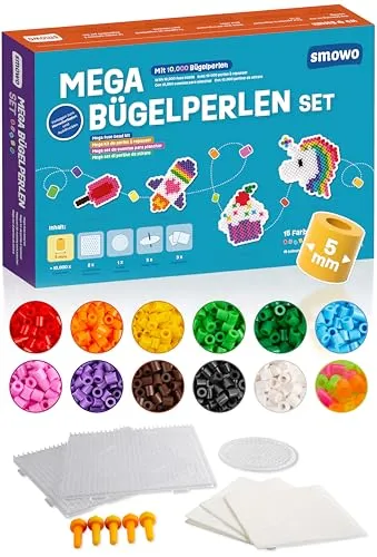 Smowo® 10.000 Bügelperlen Set mit Zubehör - Kreatives Basteln in 15 Farben - Entdecken Sie 10.000 hochwertige Bügelperlen in 15 Farben, inklusive Stiftplatten und Zubehör. Ideal für kreative Bastelprojekte und zur Förderung von Feinmotorik und Konzentration.